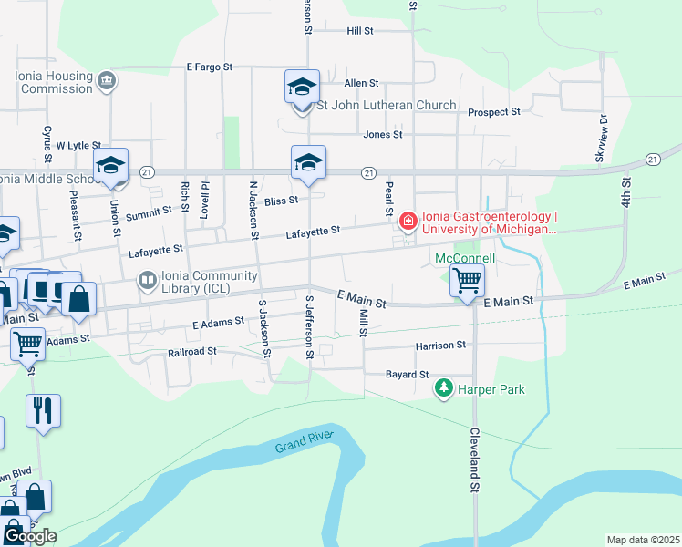 map of restaurants, bars, coffee shops, grocery stores, and more near 3 Wager Place in Ionia
