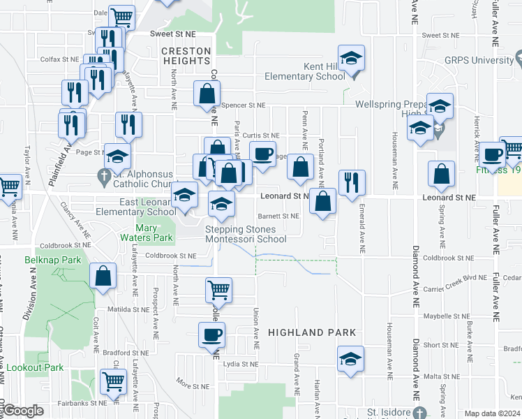 map of restaurants, bars, coffee shops, grocery stores, and more near 1144 Union Avenue Northeast in Grand Rapids