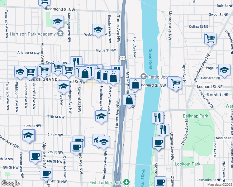 map of restaurants, bars, coffee shops, grocery stores, and more near 1126 Broadway Avenue Northwest in Grand Rapids