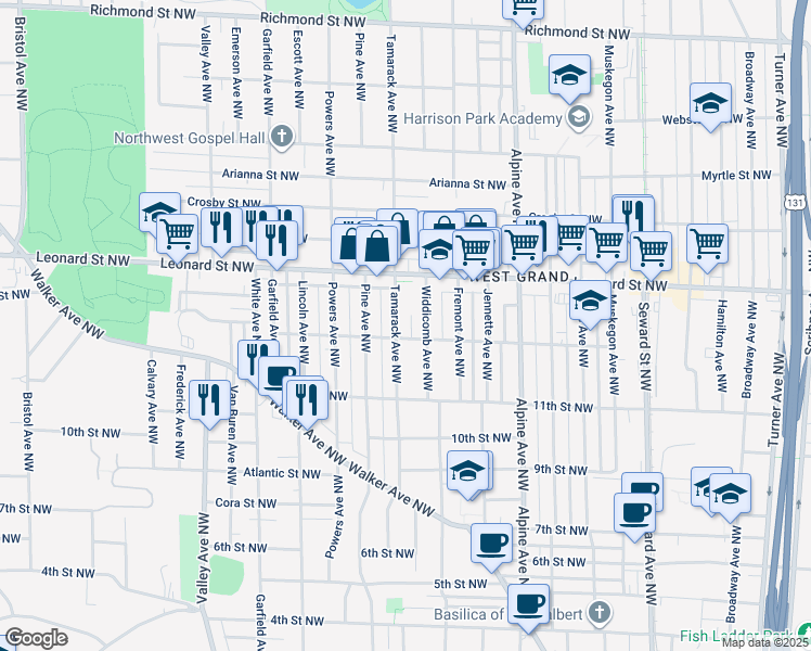 map of restaurants, bars, coffee shops, grocery stores, and more near 1115 Widdicomb Avenue Northwest in Grand Rapids