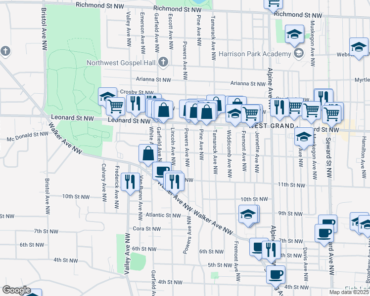 map of restaurants, bars, coffee shops, grocery stores, and more near 1114 Powers Avenue Northwest in Grand Rapids