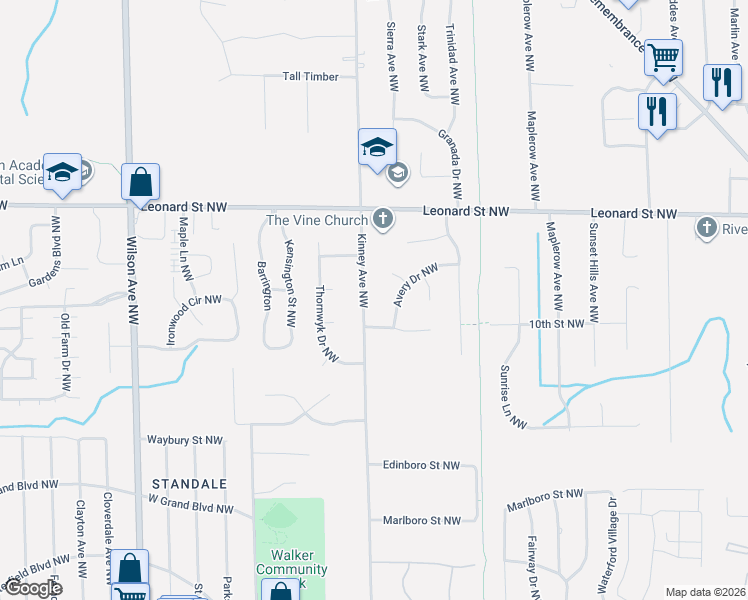 map of restaurants, bars, coffee shops, grocery stores, and more near 1051 Kinney Avenue Northwest in Grand Rapids
