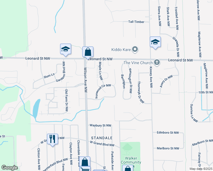 map of restaurants, bars, coffee shops, grocery stores, and more near 986 Country Gardens Northwest in Grand Rapids