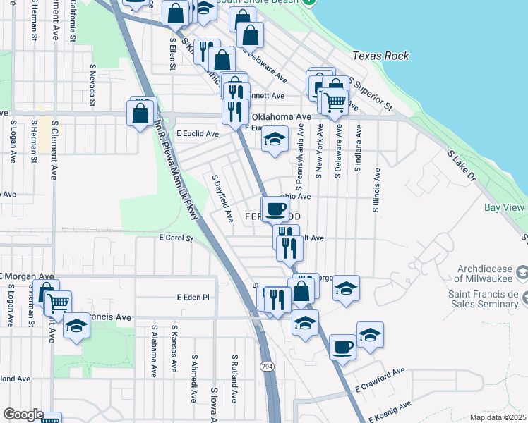 map of restaurants, bars, coffee shops, grocery stores, and more near 3328 South Springfield Avenue in Milwaukee
