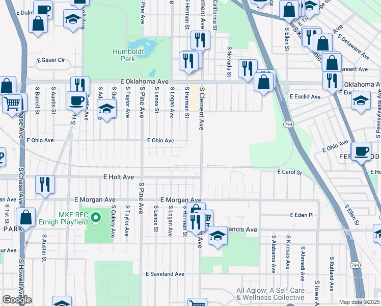 map of restaurants, bars, coffee shops, grocery stores, and more near 3305R South Clement Avenue in Milwaukee