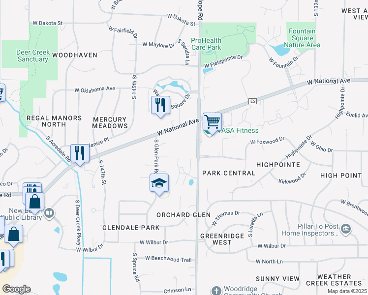 map of restaurants, bars, coffee shops, grocery stores, and more near 3343 South Sunny Slope Road in New Berlin