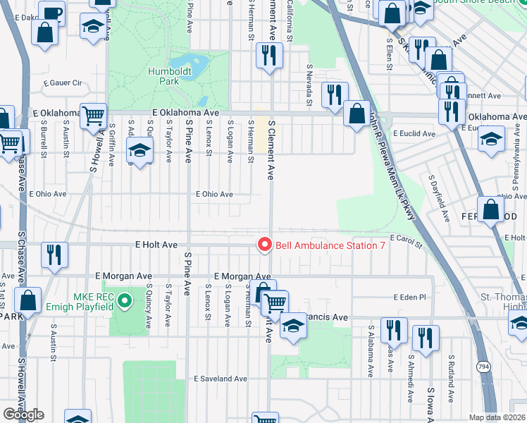 map of restaurants, bars, coffee shops, grocery stores, and more near 3333 South Clement Avenue in Milwaukee