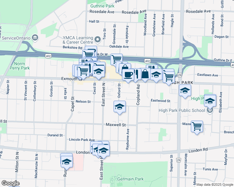 map of restaurants, bars, coffee shops, grocery stores, and more near 771 Oxford Street in Sarnia