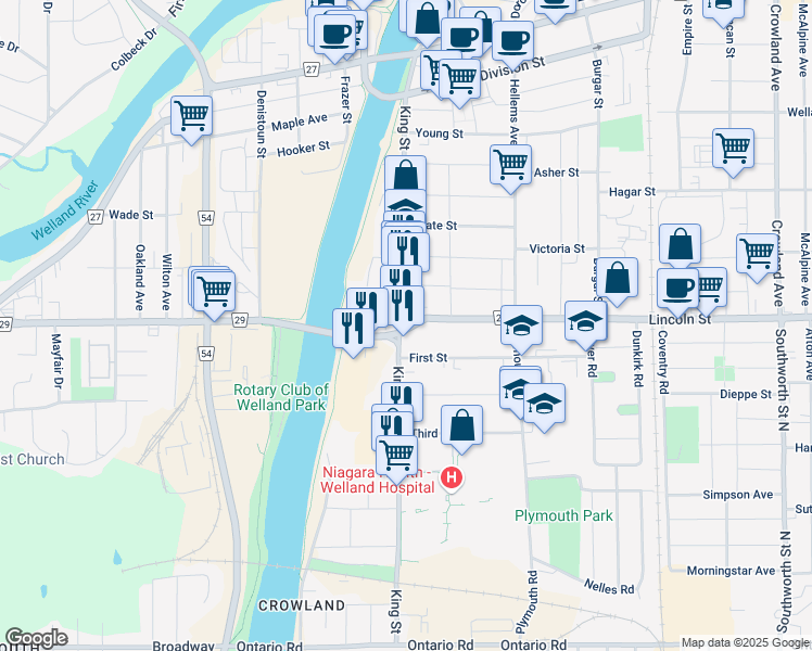 map of restaurants, bars, coffee shops, grocery stores, and more near 384 King Street in Welland