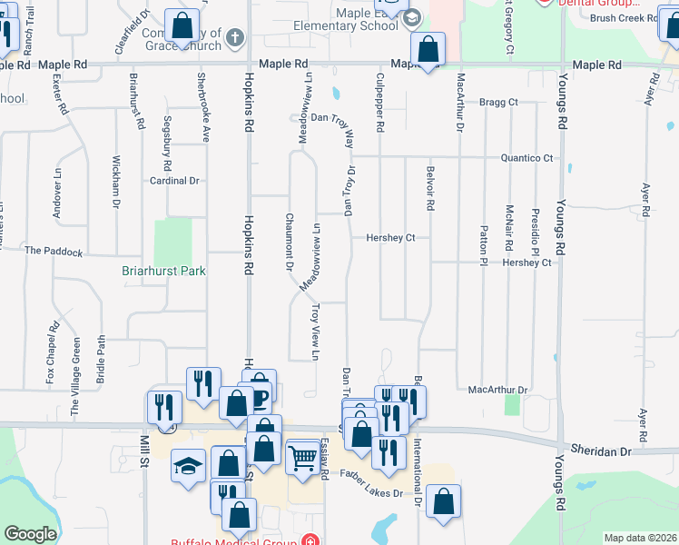 map of restaurants, bars, coffee shops, grocery stores, and more near 227 Dan Troy Drive in Buffalo