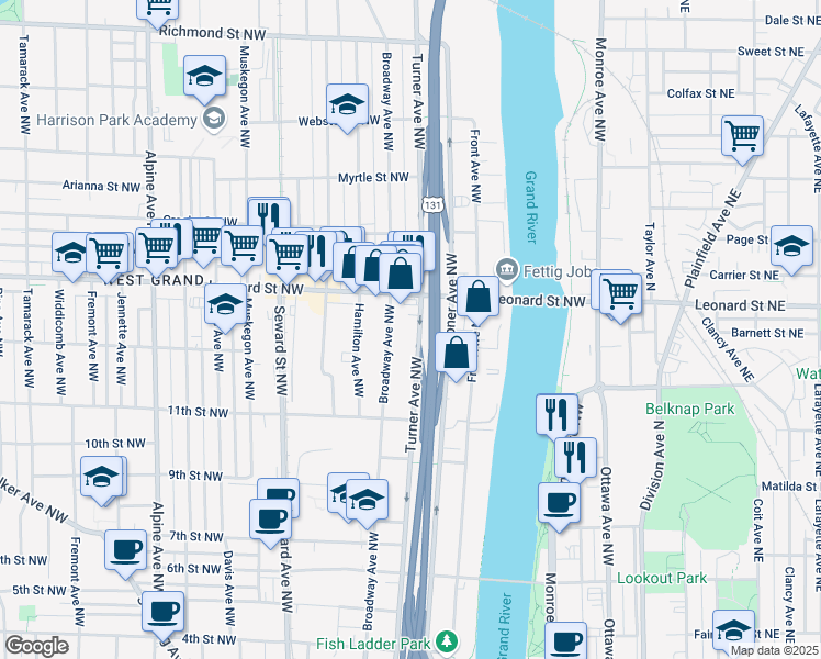 map of restaurants, bars, coffee shops, grocery stores, and more near 1126 Broadway Avenue Northwest in Grand Rapids