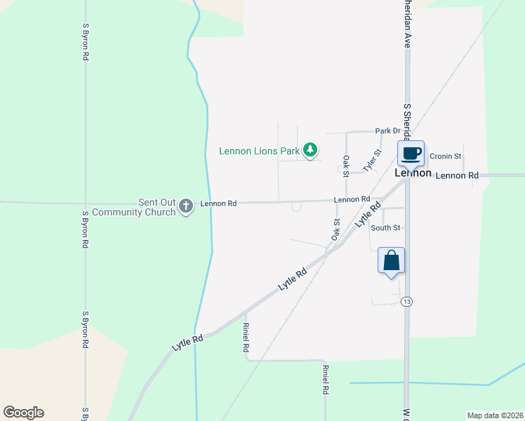 map of restaurants, bars, coffee shops, grocery stores, and more near 11568 Lennon Road in Lennon