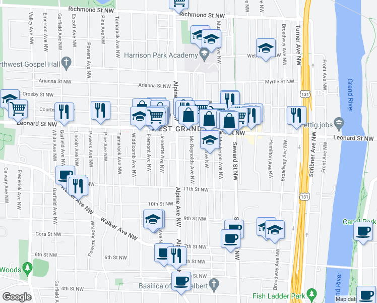 map of restaurants, bars, coffee shops, grocery stores, and more near 1115 Mc Reynolds Avenue Northwest in Grand Rapids