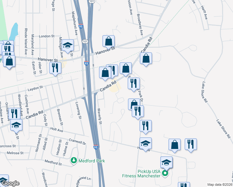 map of restaurants, bars, coffee shops, grocery stores, and more near 835 Candia Road in Manchester