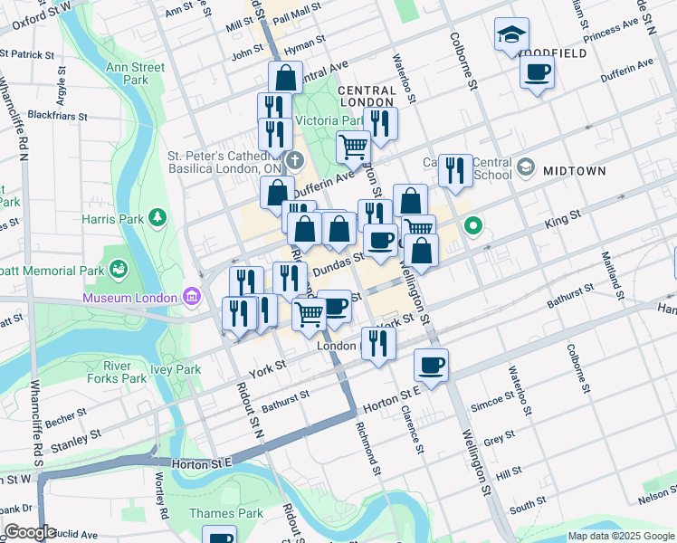 map of restaurants, bars, coffee shops, grocery stores, and more near 401 Clarence Street in London