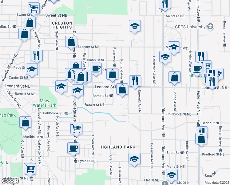 map of restaurants, bars, coffee shops, grocery stores, and more near 1130 Edmund Ave NE in Grand Rapids