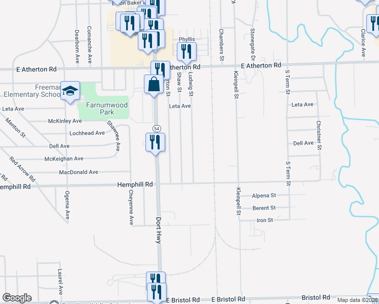 map of restaurants, bars, coffee shops, grocery stores, and more near 3182 Ludwig Street in Burton