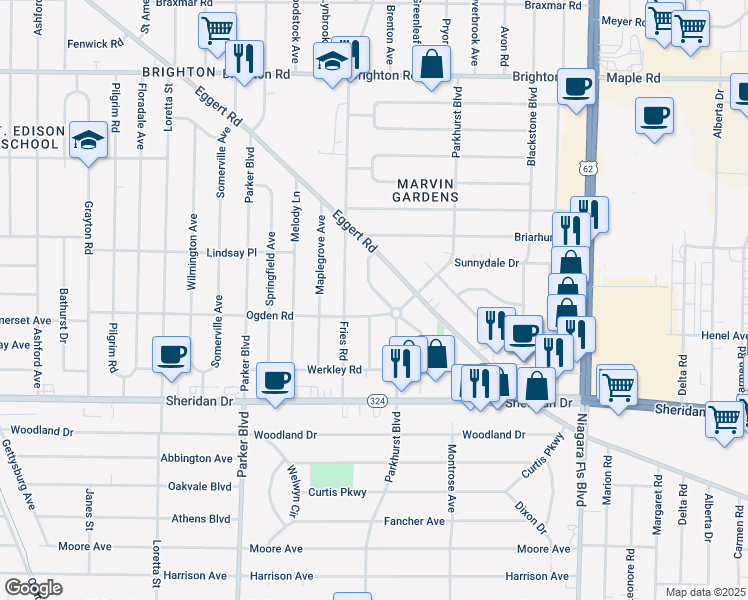 map of restaurants, bars, coffee shops, grocery stores, and more near 120 Mayfield Avenue in Tonawanda
