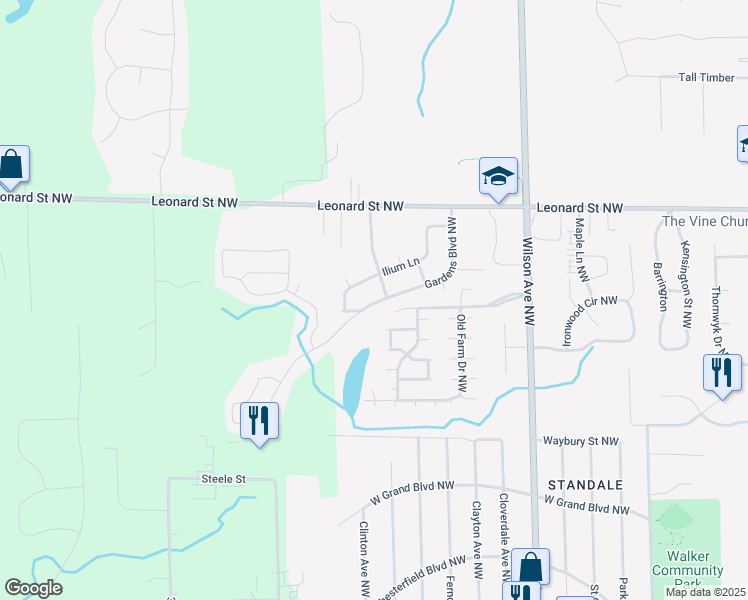 map of restaurants, bars, coffee shops, grocery stores, and more near 4599-4681 Gardens Boulevard Northwest in Walker
