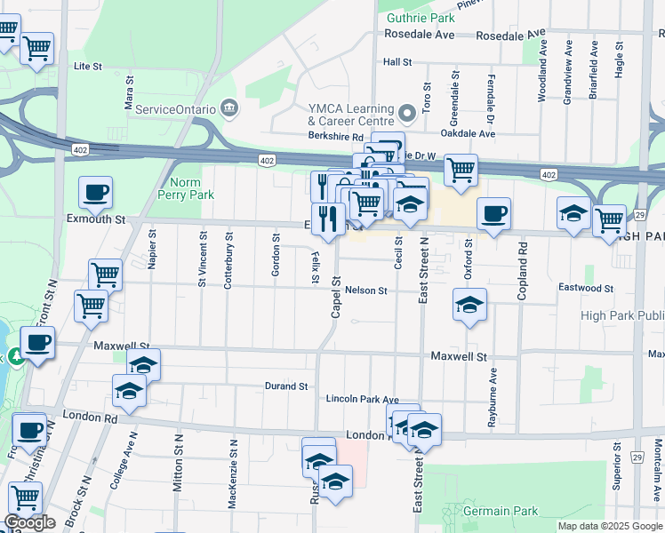 map of restaurants, bars, coffee shops, grocery stores, and more near 165 Capel Street in Sarnia
