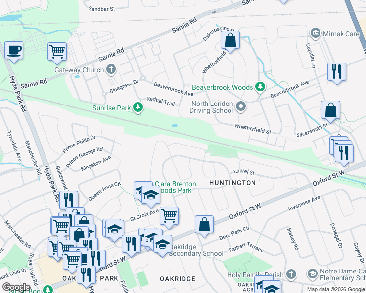 map of restaurants, bars, coffee shops, grocery stores, and more near 118 Meadowridge Road in London