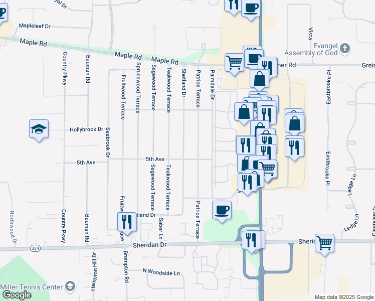 map of restaurants, bars, coffee shops, grocery stores, and more near 305 Shetland Drive in Buffalo