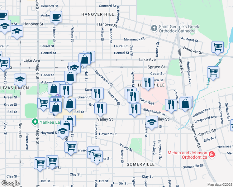 map of restaurants, bars, coffee shops, grocery stores, and more near 275 Massabesic Street in Manchester