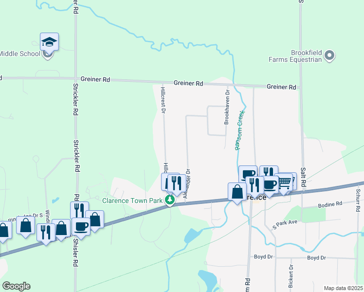 map of restaurants, bars, coffee shops, grocery stores, and more near 5060 Alexander Drive in Clarence