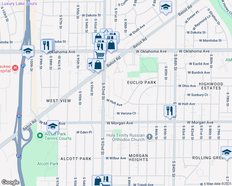map of restaurants, bars, coffee shops, grocery stores, and more near 9026 West Burdick Avenue in Milwaukee