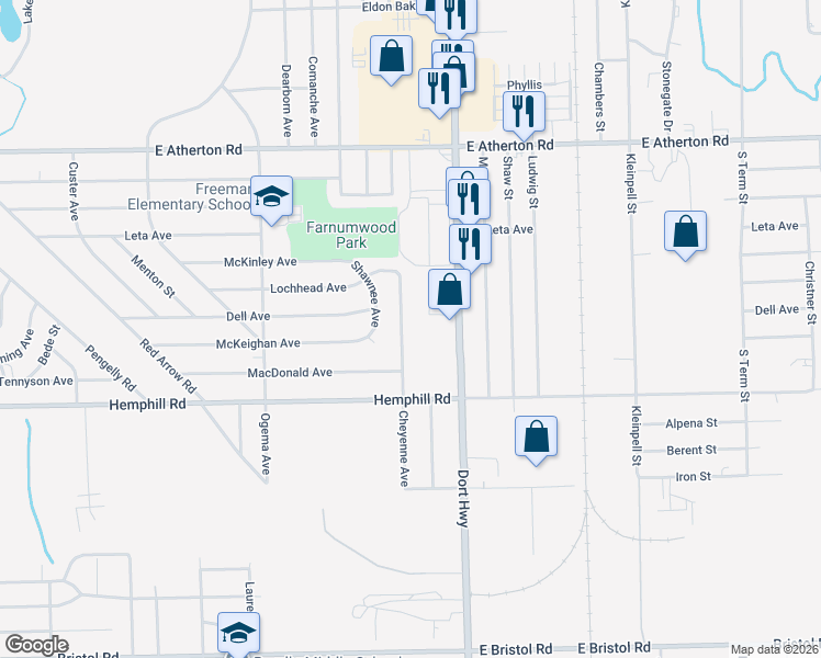 map of restaurants, bars, coffee shops, grocery stores, and more near 4419 Cheyenne Avenue in Flint