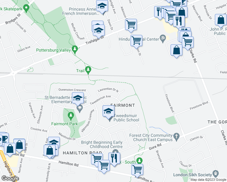 map of restaurants, bars, coffee shops, grocery stores, and more near 158 Laurentian Drive North in London