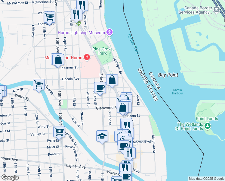 map of restaurants, bars, coffee shops, grocery stores, and more near 708 Rawlins Street in Port Huron