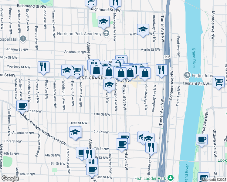 map of restaurants, bars, coffee shops, grocery stores, and more near 1121 Muskegon Avenue Northwest in Grand Rapids