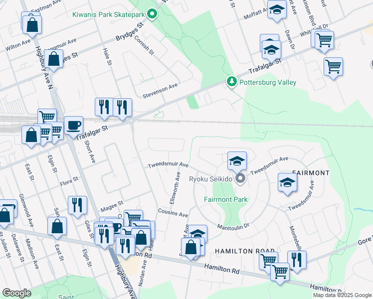 map of restaurants, bars, coffee shops, grocery stores, and more near 127 Jasper Crescent in London