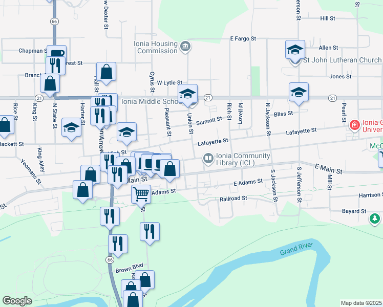 map of restaurants, bars, coffee shops, grocery stores, and more near 227 Union Street in Ionia