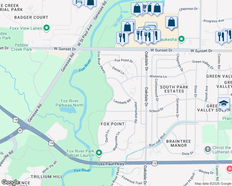 map of restaurants, bars, coffee shops, grocery stores, and more near 1631 Fox River Parkway in Waukesha