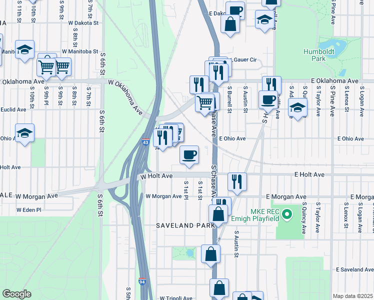 map of restaurants, bars, coffee shops, grocery stores, and more near 150 West Holt Avenue in Milwaukee