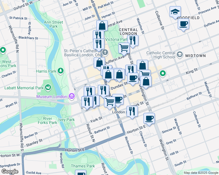 map of restaurants, bars, coffee shops, grocery stores, and more near in London