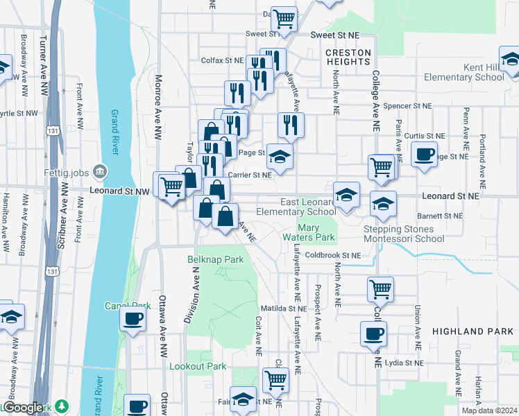 map of restaurants, bars, coffee shops, grocery stores, and more near 203 Barnett Street Northeast in Grand Rapids