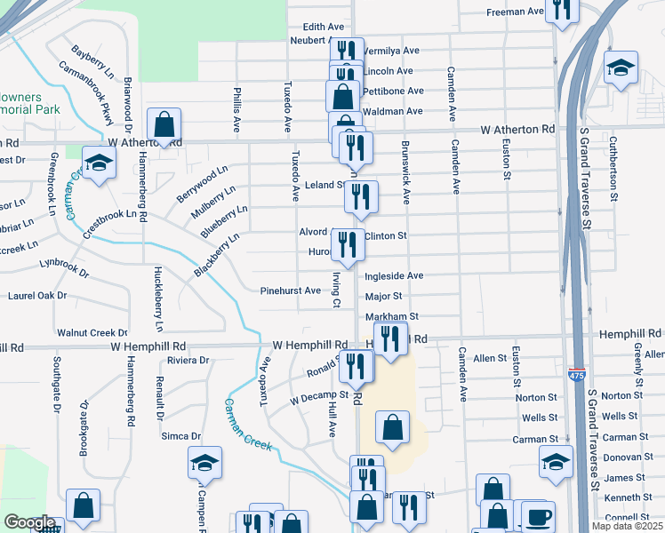 map of restaurants, bars, coffee shops, grocery stores, and more near 1028 Ingleside Avenue in Flint