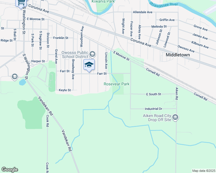 map of restaurants, bars, coffee shops, grocery stores, and more near 725 Lincoln Avenue in Owosso