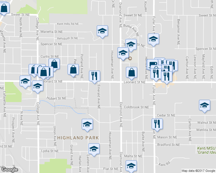 map of restaurants, bars, coffee shops, grocery stores, and more near 1145 Houseman Avenue Northeast in Grand Rapids