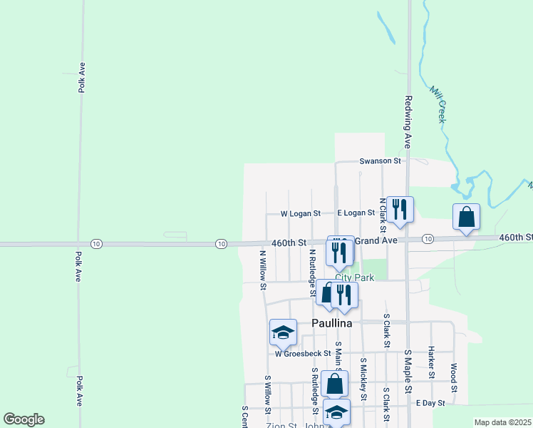 map of restaurants, bars, coffee shops, grocery stores, and more near 401 North Willow Street in Paullina