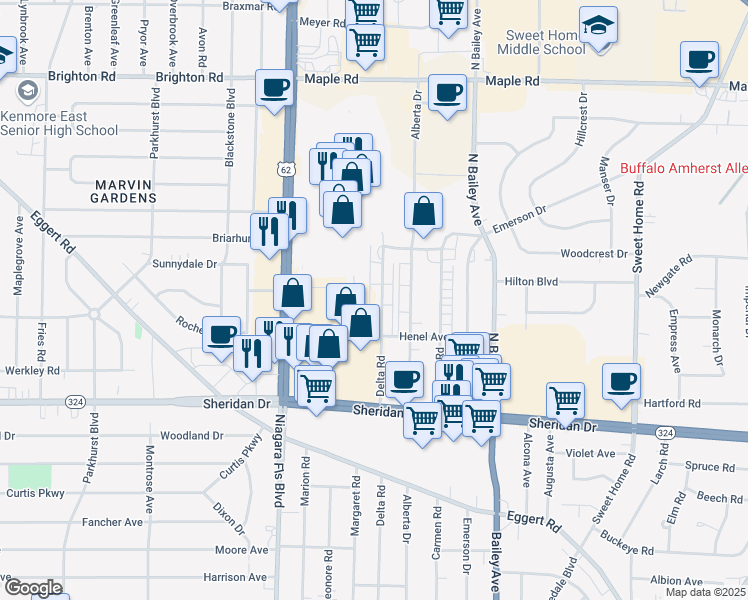 map of restaurants, bars, coffee shops, grocery stores, and more near 422 Delta Road in Buffalo