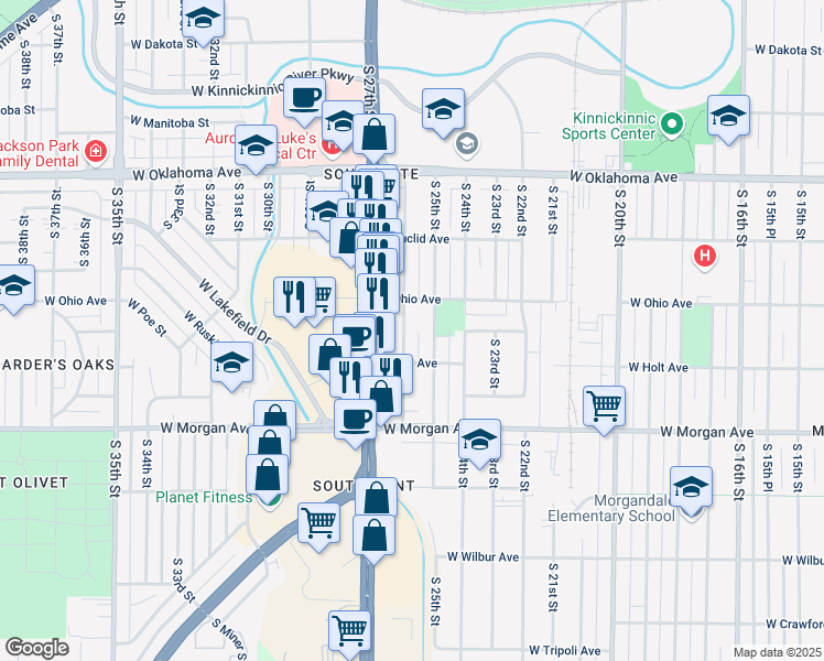map of restaurants, bars, coffee shops, grocery stores, and more near 3342 South 26th Street in Milwaukee