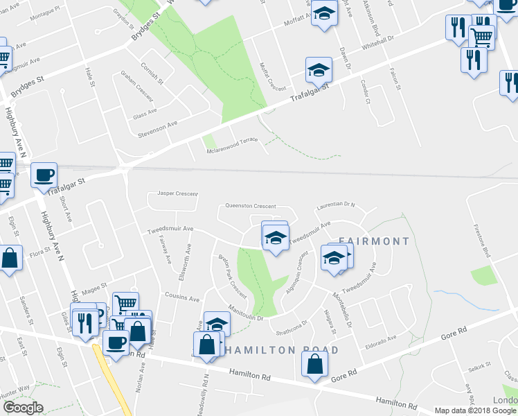 map of restaurants, bars, coffee shops, grocery stores, and more near 114 Queenston Crescent in London