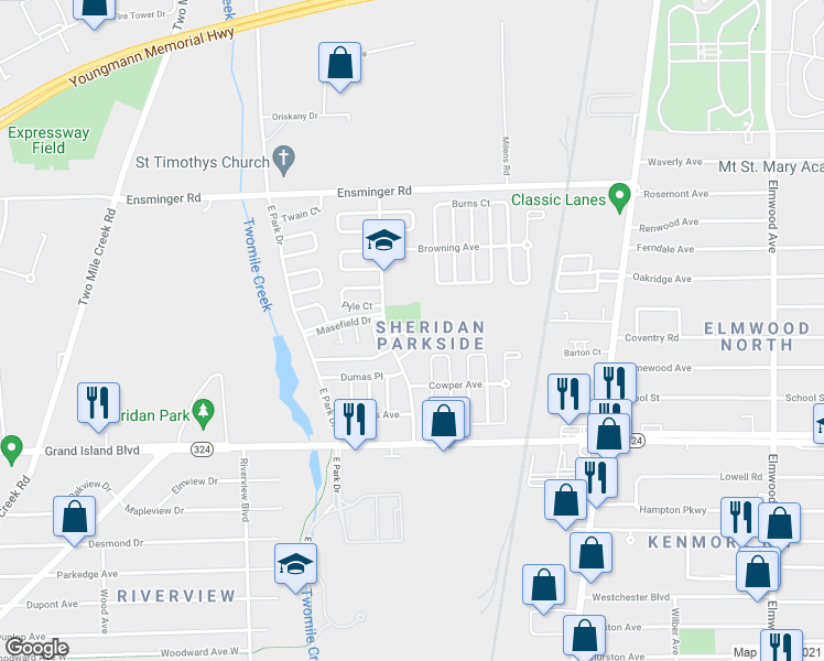 map of restaurants, bars, coffee shops, grocery stores, and more near 31-33 Shelley Court in Tonawanda