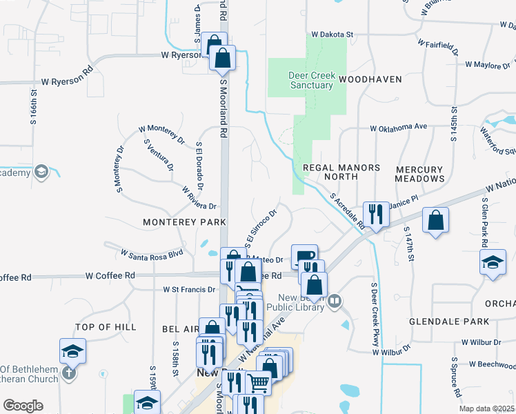map of restaurants, bars, coffee shops, grocery stores, and more near 3321 South El Sirroco Drive in New Berlin