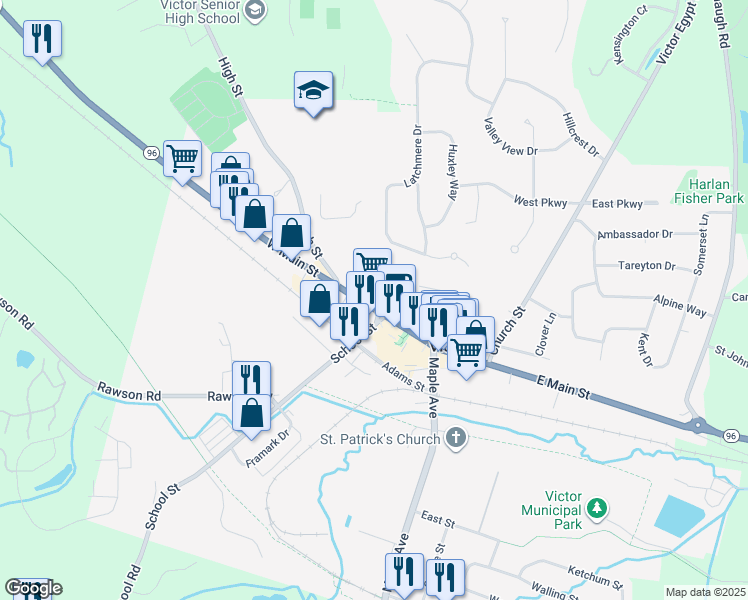 map of restaurants, bars, coffee shops, grocery stores, and more near 86 West Main Street in Victor