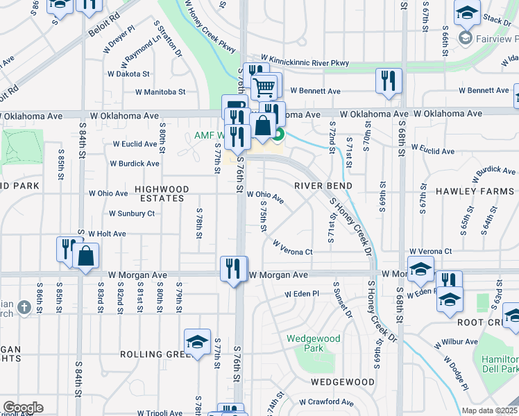 map of restaurants, bars, coffee shops, grocery stores, and more near 3329 South 75th Street in Milwaukee